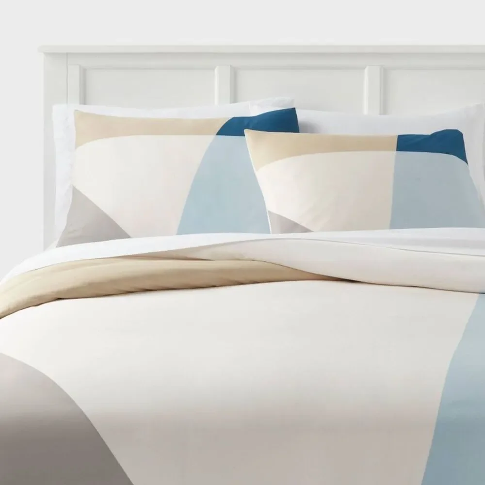 King Printed Easy Care Duvet Cover and Sham Set Iv Ivory/Light Blue/Khaki